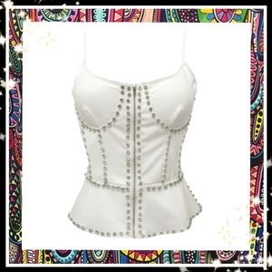 WHITE HOT ☆ SEXY ☆ FAUX LEATHER & RHINESTONE ☆ PEPLUM TOP ☆ NWOT